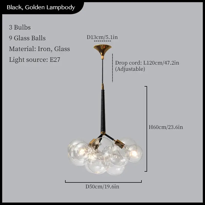 Minimalist black and gold glass balls ceiling pendant lights with three bulbs and nine clear decorbites glass balls
