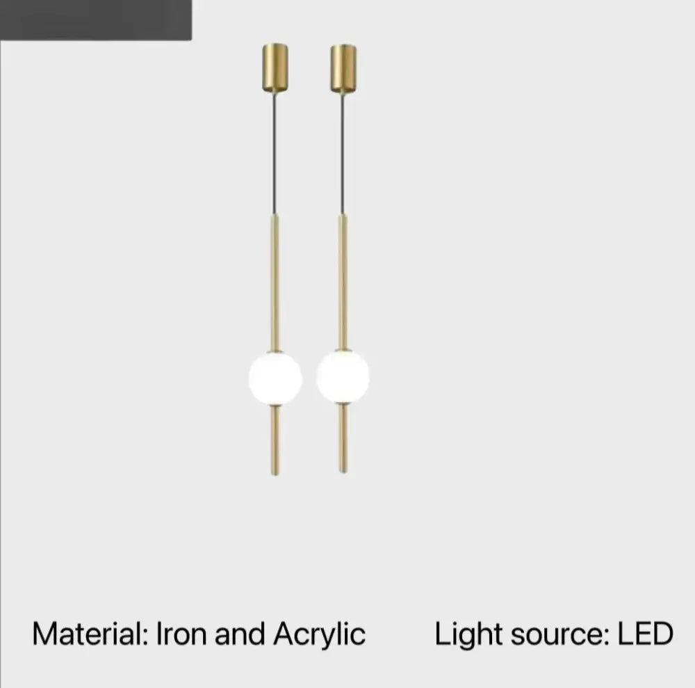 Pair of minimalist black and gold globe pendant lights with brass iron rods and acrylic diffusers for dining room cord pendant installation