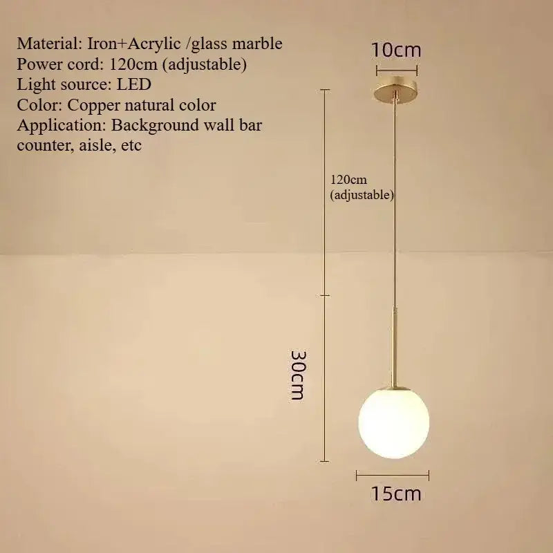 Minimalist black and gold pendant light with led bulb featuring a copper-toned globe and iron-acrylic frame for kitchen use