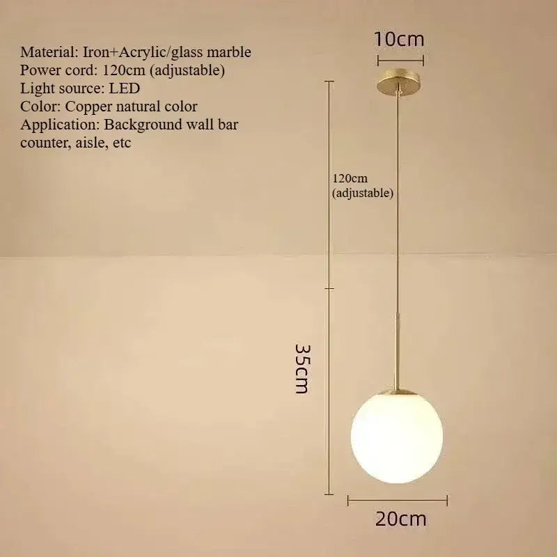 Minimalist black and gold spherical pendant light with copper frame frosted glass shade and led bulb for kitchen lighting