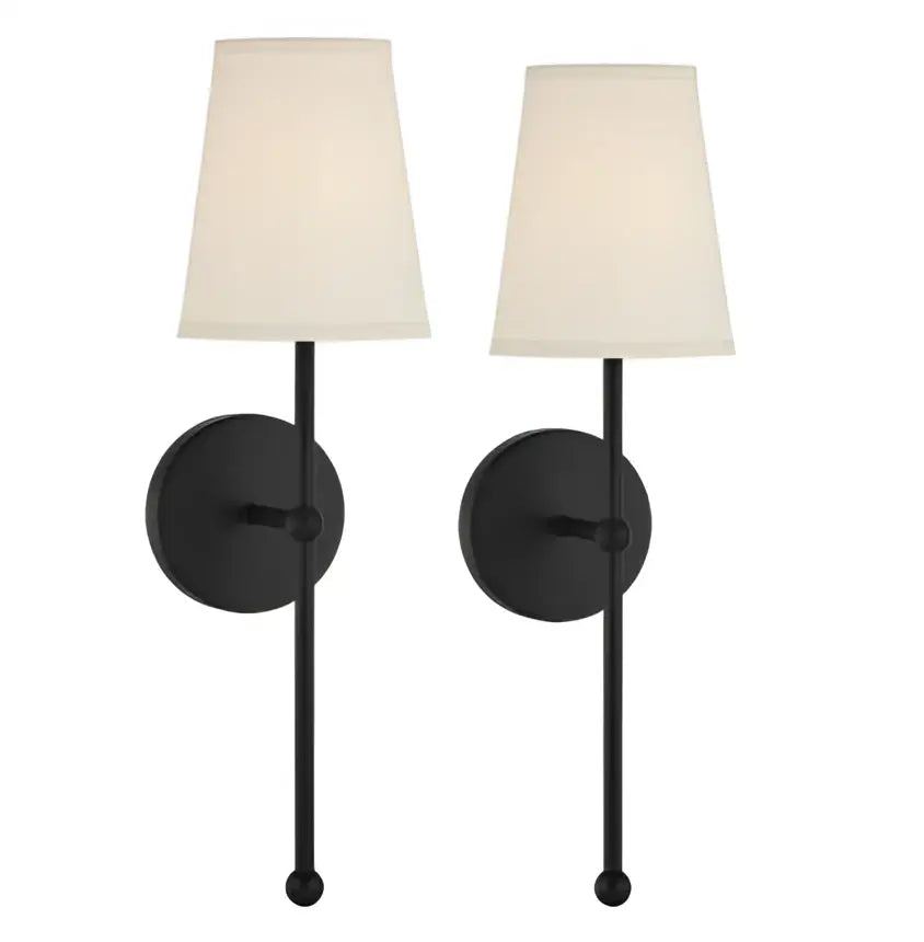 Minimalist black and gold led wall lamp with metal sconces and off-white tapered lampshades for bedroom use
