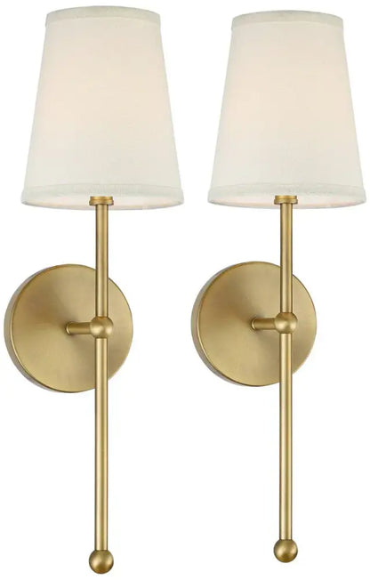Pair of brass-finished led wall lamps with off-white fabric shades for minimalist black and gold bedroom wall lighting