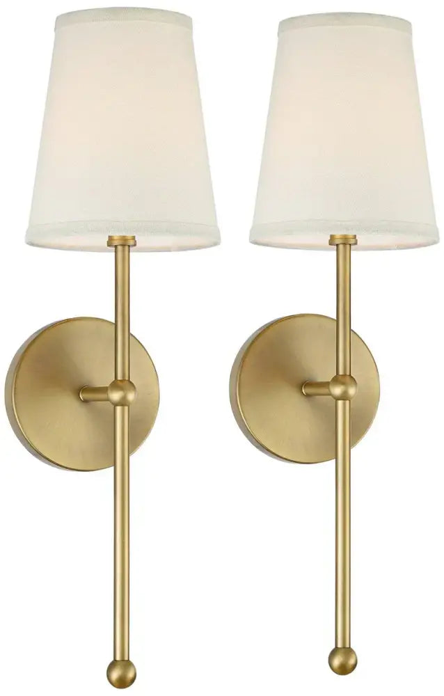 Pair of brass-finished led wall lamps with off-white fabric shades for minimalist black and gold bedroom wall lighting