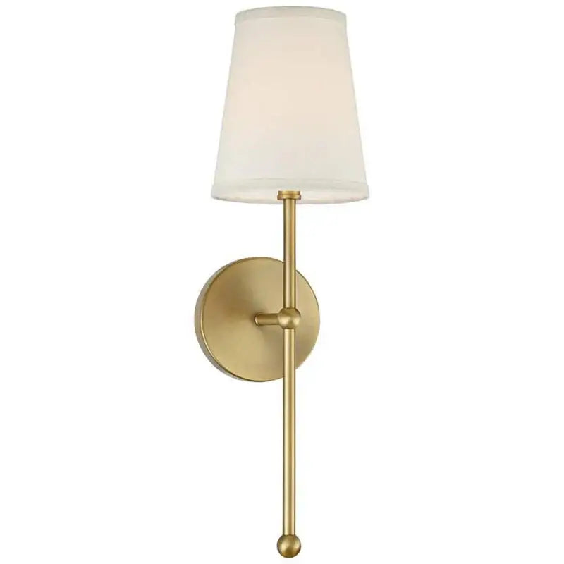 Minimalist black and gold led wall lamp with a sleek brass fixture and tapered white fabric shade for bedroom use