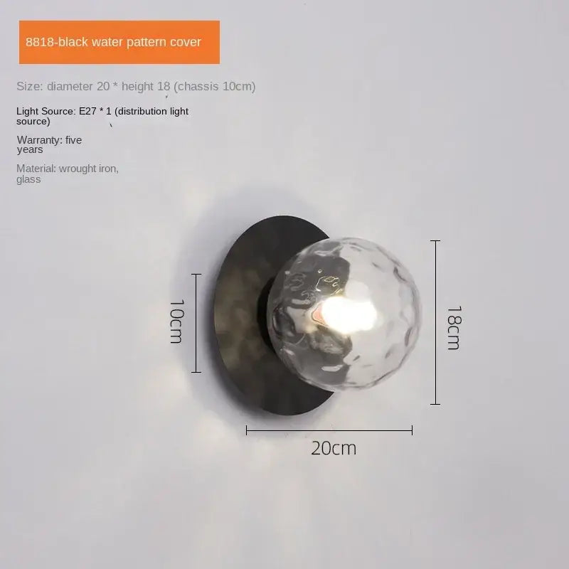Minimalist black wrought iron led wall lamp with textured glass globe for living room wall lamp