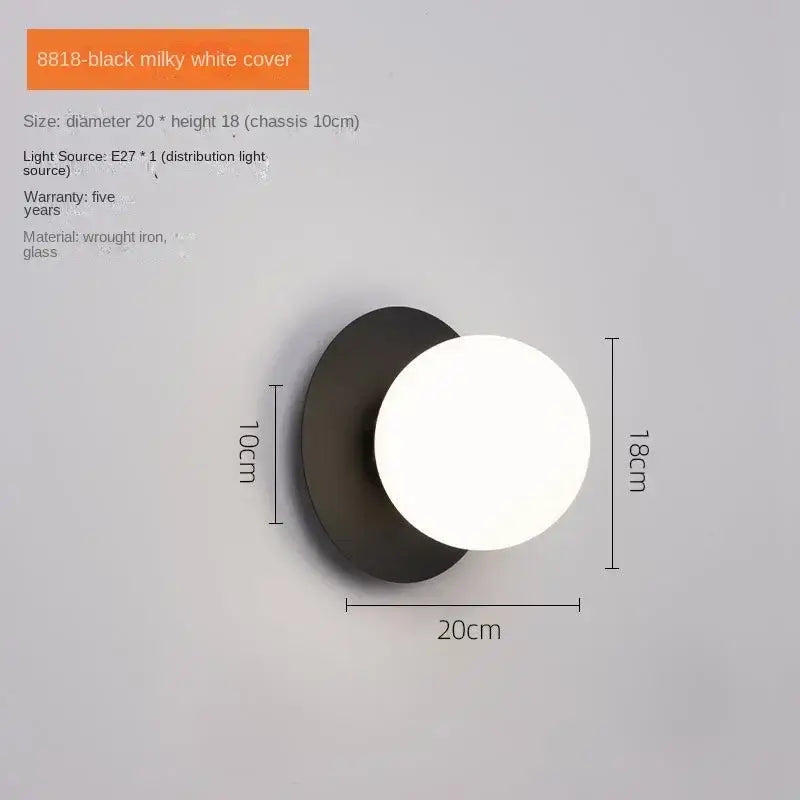 Minimalist black wrought iron and glass led wall lamp with milky white diffuser for living room globe sconce