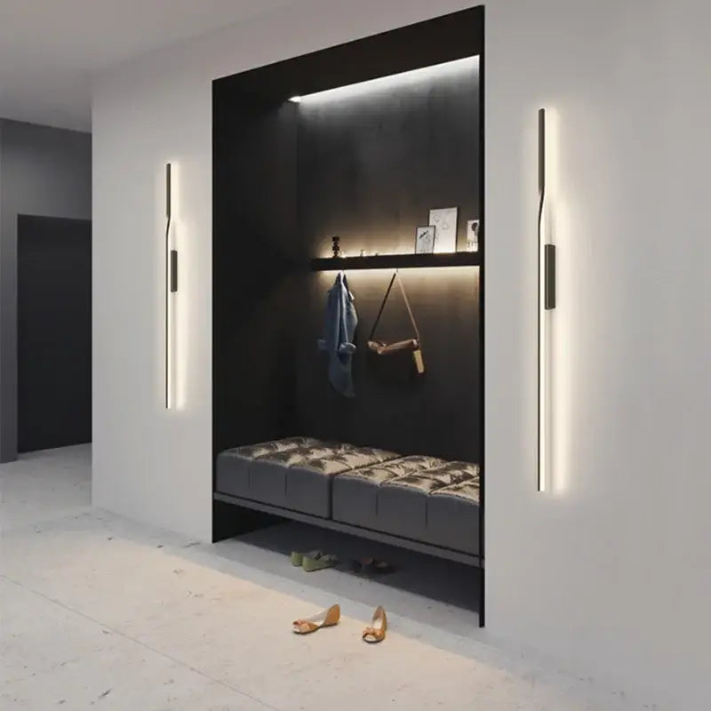 Minimalist black and gold decorbites led wall sconce with built-in bench and illuminated shelves for living room bedroom