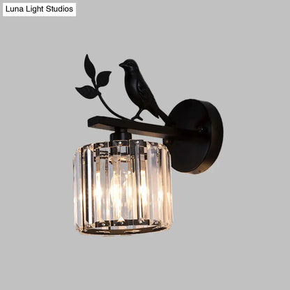 DecorBites™ DecorBites™ Minimalist Black/Gold Wall Sconce with K9 Crystal Cylinder and Bird Detail - 1 Bulb Wall Light
