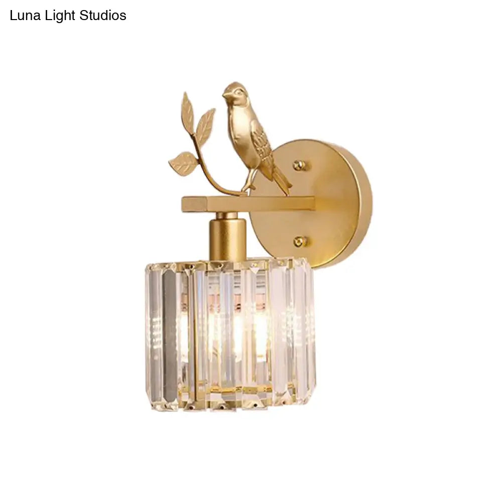 DecorBites™ DecorBites™ Minimalist Black/Gold Wall Sconce with K9 Crystal Cylinder and Bird Detail - 1 Bulb Wall Light