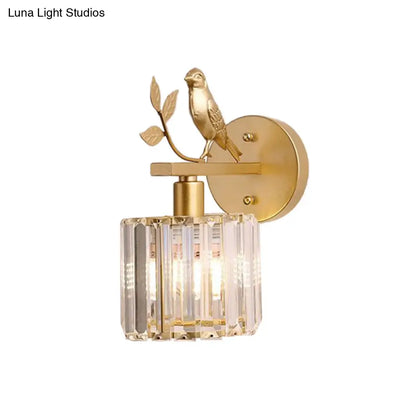 DecorBites™ DecorBites™ Minimalist Black/Gold Wall Sconce with K9 Crystal Cylinder and Bird Detail - 1 Bulb Wall Light