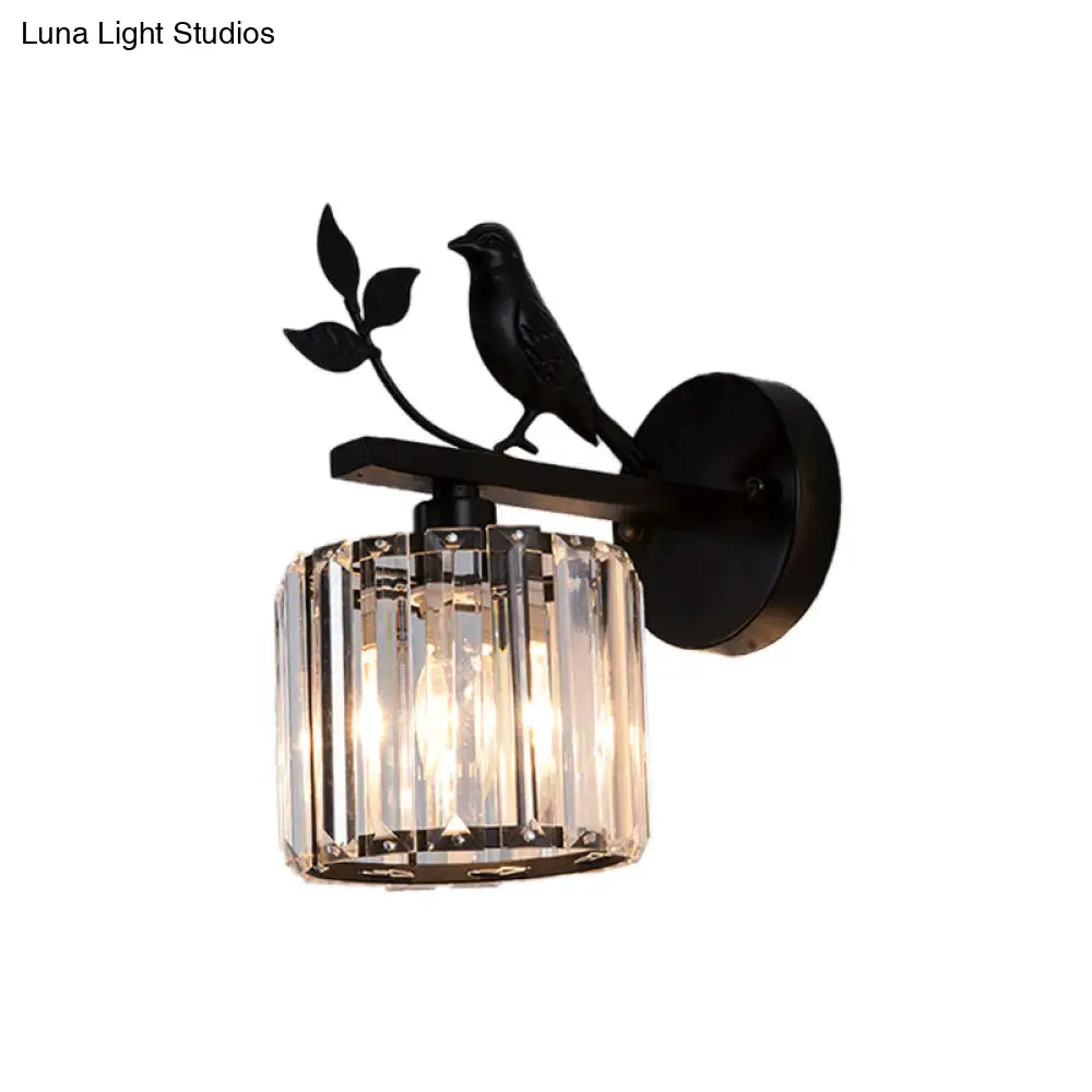 DecorBites™ DecorBites™ Minimalist Black/Gold Wall Sconce with K9 Crystal Cylinder and Bird Detail - 1 Bulb Wall Light