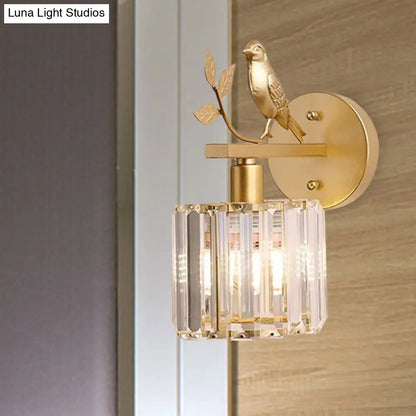 DecorBites™ DecorBites™ Minimalist Black/Gold Wall Sconce with K9 Crystal Cylinder and Bird Detail - 1 Bulb Wall Light
