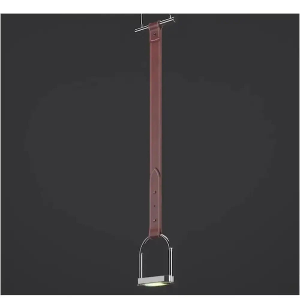 A sleek burgundy leather strap pendant light with polished chrome horsebit base for art minimalist belt decorbites art minimalist