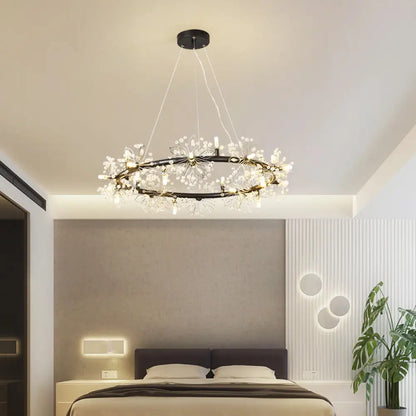 Lámpara de araña LED minimalista negra - Lámpara colgante circular con cuentas de cristal, 20,5"/26"/34" de ancho