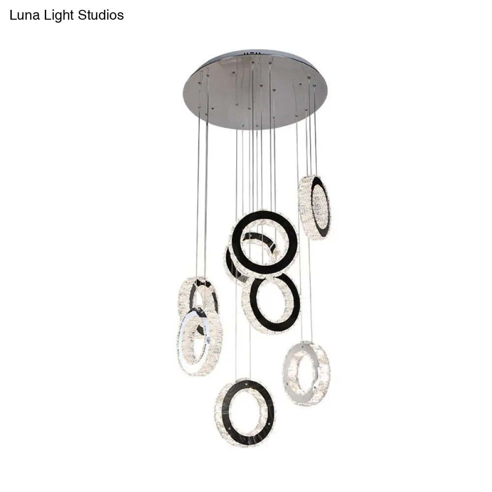 Minimalist Black LED Pendant with Ring Crystal Cluster for Living Room Down Lighting