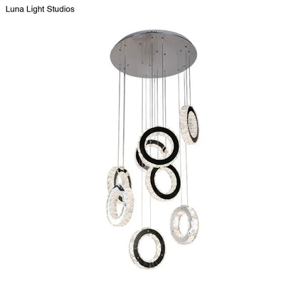 Minimalist Black LED Pendant with Ring Crystal Cluster for Living Room Down Lighting