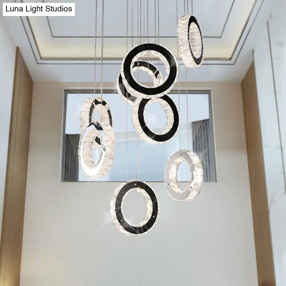 Minimalist Black LED Pendant with Ring Crystal Cluster for Living Room Down Lighting