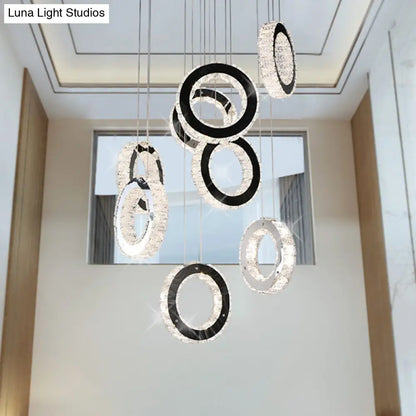 Minimalist Black LED Pendant with Ring Crystal Cluster for Living Room Down Lighting