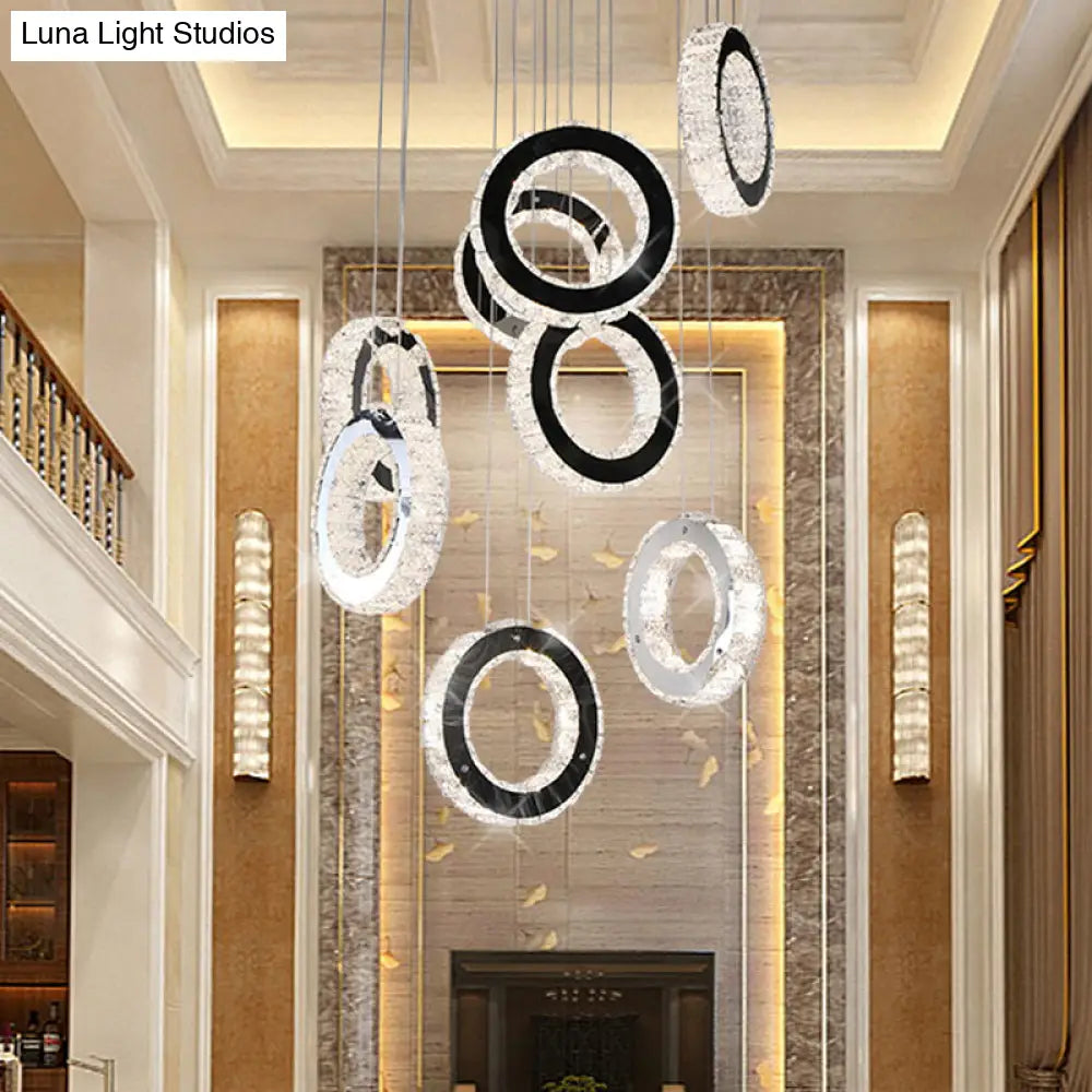 Minimalist Black LED Pendant with Ring Crystal Cluster for Living Room Down Lighting