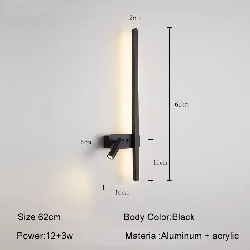 Minimalist black led wall sconce with aluminum and acrylic design featuring elongated vertical light bar and adjustable spotlight