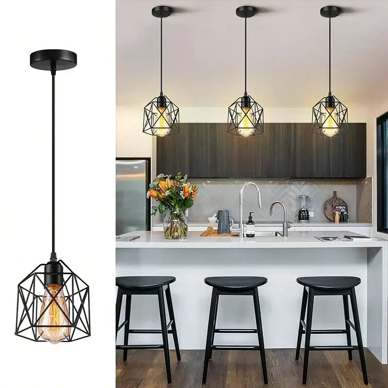 Minimalist pendant light with black metal geometric cage and exposed filament bulb in black finish for kitchen use