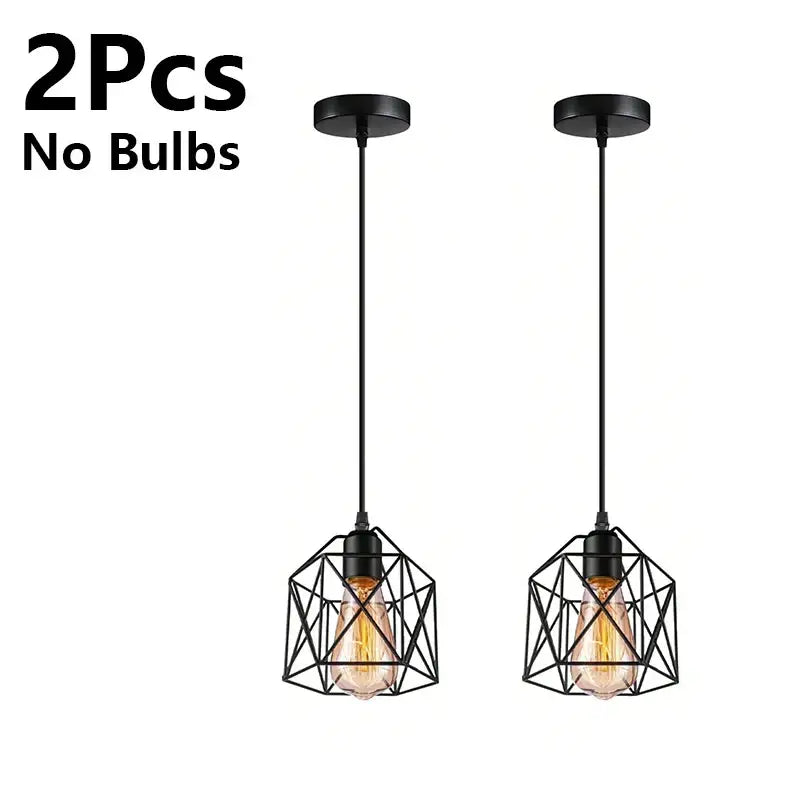 Minimalist black metal geometric cage pendant light with black finish and exposed Edison bulbs for kitchen use