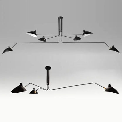 Minimalist black metal pendant light with articulated arms and conical shades for dining table use