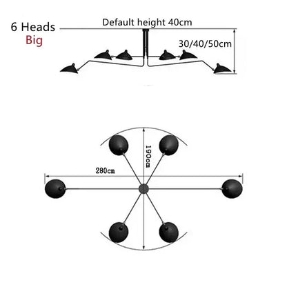 Minimalist black metal pendant light with six spherical heads and articulated arms for dining table use