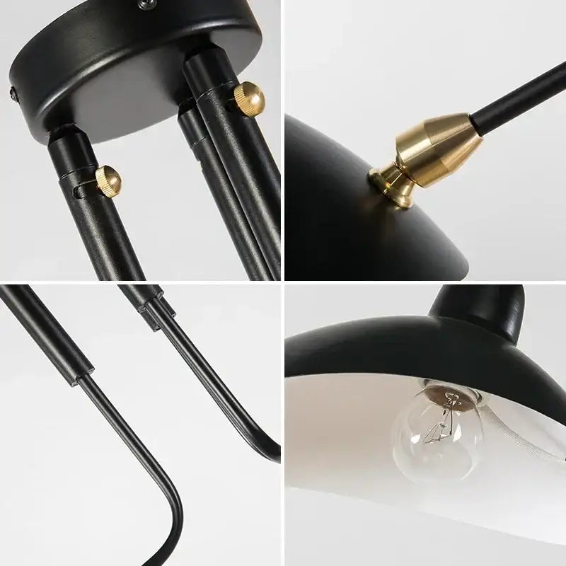 Minimalist black metal pendant light with brass accents and frosted glass shade for dining table with metal finish
