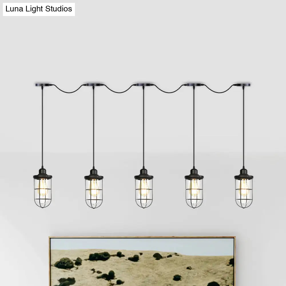 Minimalist Black Multi Light Chandelier with Clear Glass Cage - Farmhouse Tandem Ceiling Lamp