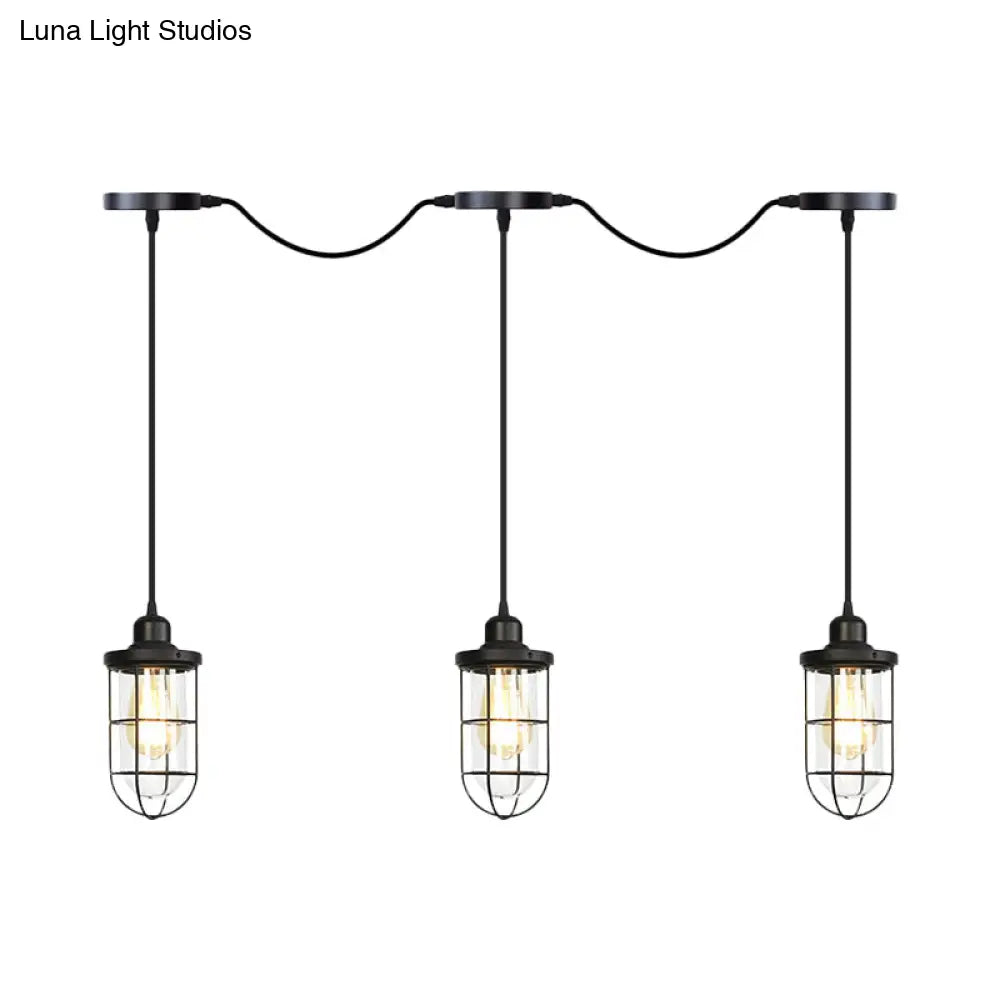 Minimalist Black Multi Light Chandelier with Clear Glass Cage - Farmhouse Tandem Ceiling Lamp