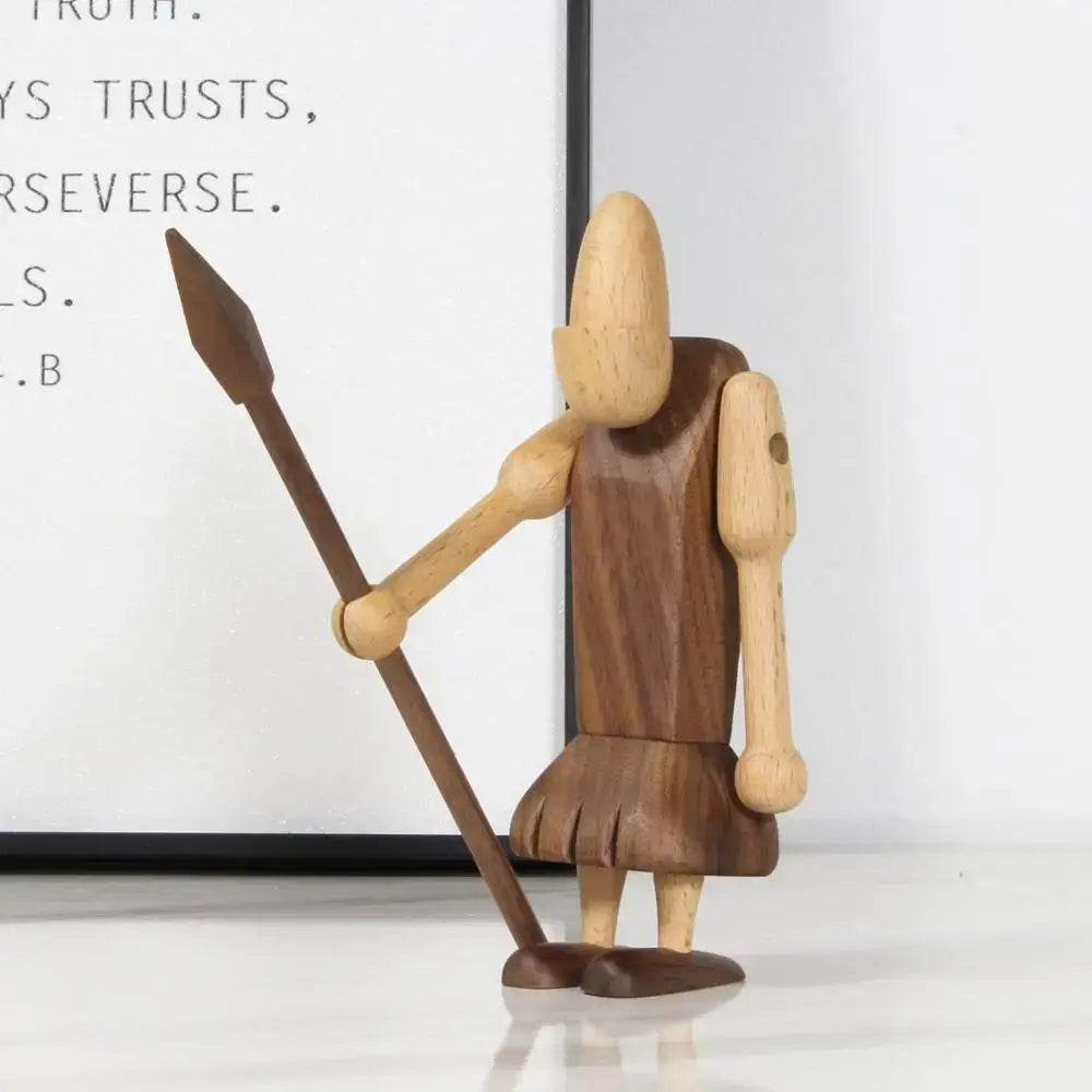 Minimalist wood carving figurine of a warrior with natural wood finish and dark stained armor for living room decor