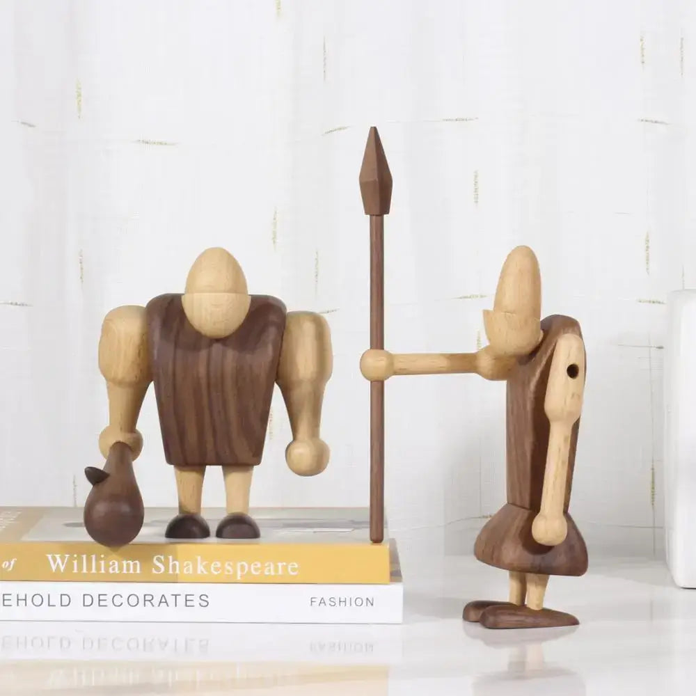 Minimalist black and natural wood carving figurines with dark brown and light wood finish for living room decor