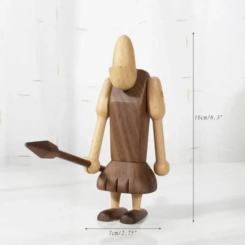 Minimalist black and natural wood carving figurines featuring a wooden warrior with spear for living room decor
