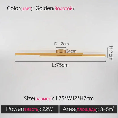 Golden minimalist nordic ceiling light with sleek linear metallic design for living room illumination