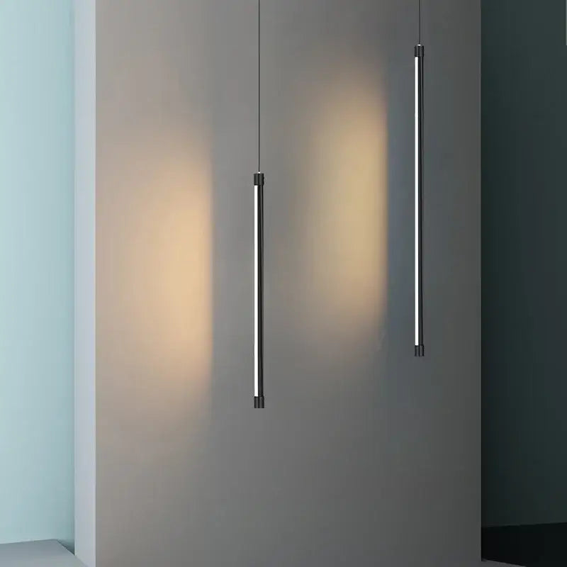Two minimalist pendant lights with black metal frames and white led strips for kitchen dining decorbites black nordic led