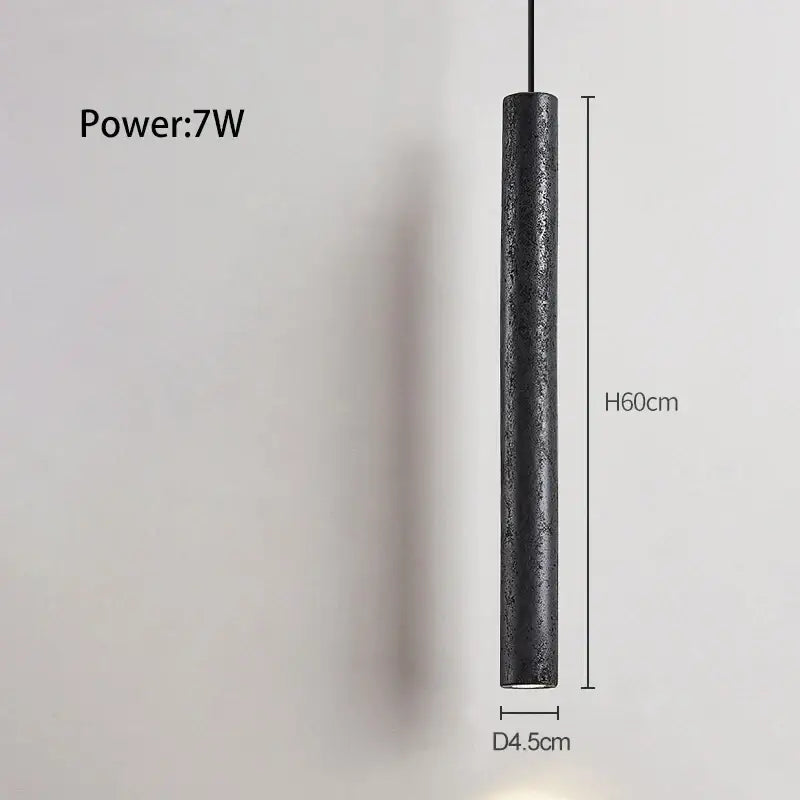Minimalist black stone tube led pendant light with textured matte finish 60cm height 4.5cm diameter for bedroom lighting