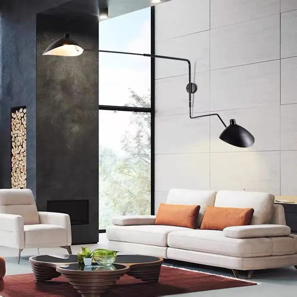 Minimalist black serge mouille wall lamp with sleek angular design and adjustable two arm light for living room decorbites