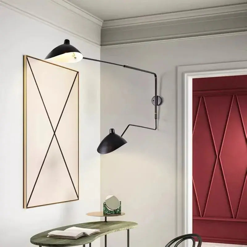 Minimalist black matte wall lamp with adjustable two articulated arms and dome shades for living room decorbites black serge