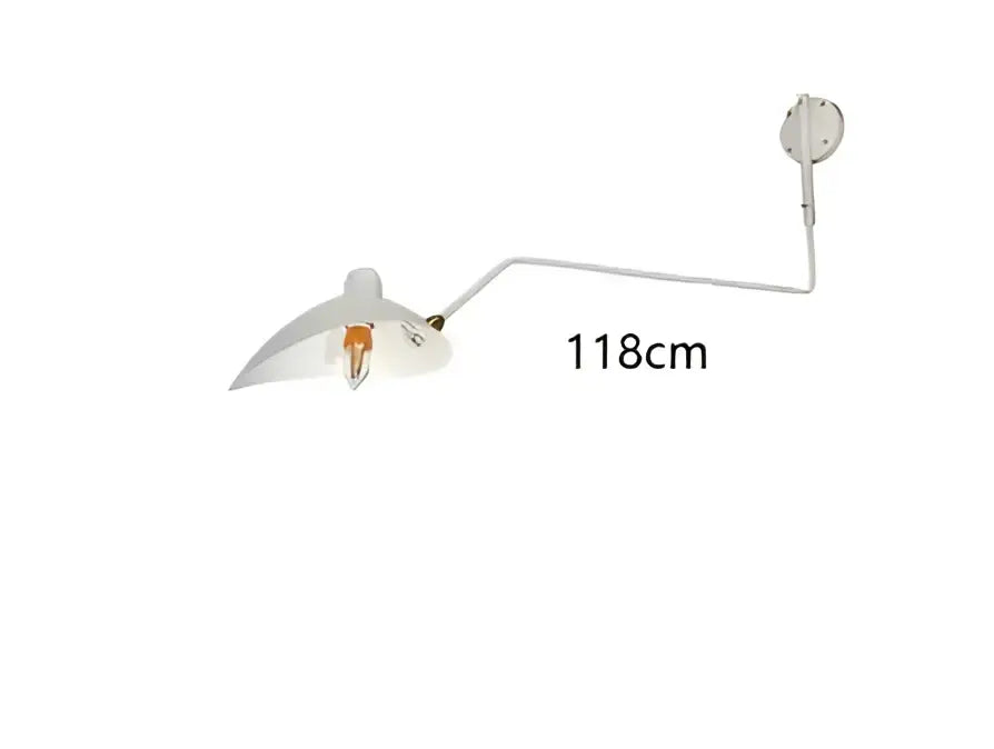 White wall lamp with curved arm and translucent shade housing exposed bulb for decorbites black serge mouille style decor