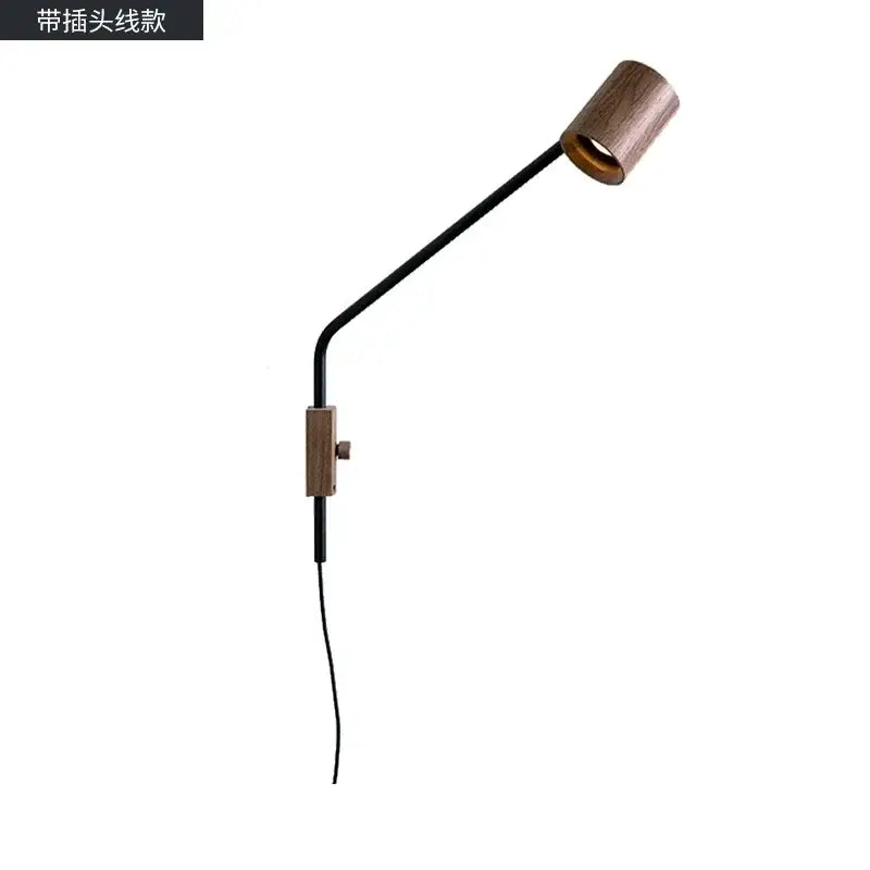 Minimalist bedroom wall lamp with black metal arm and cylindrical black walnut swing arm wooden shade