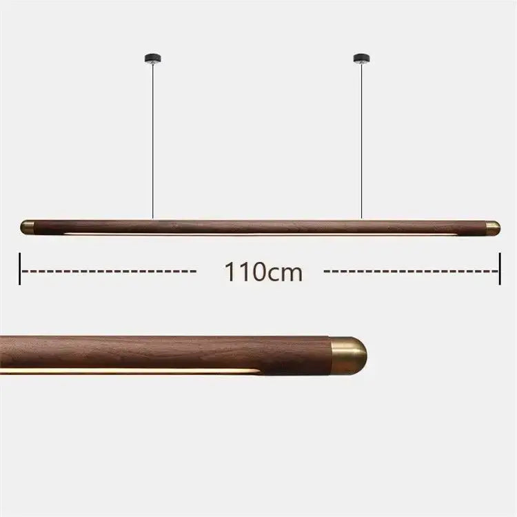 Minimalist black walnut wood pendant light with dark wood finish brass caps and integrated led strip for dining room decorbites