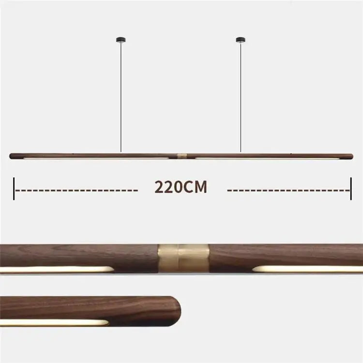 Minimalist black walnut wood pendant light 220cm long with dark wood finish and brass accents for dining room decorbites pendant lights