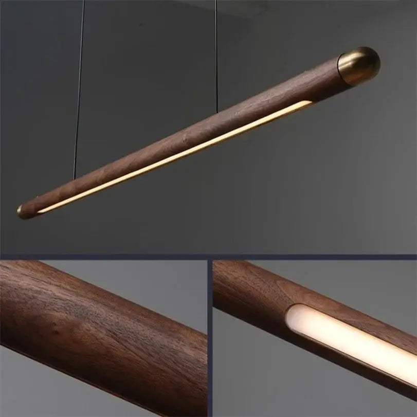 Minimalist black walnut wood pendant light with brass cap and integrated led strip for dining room decorbites pendant lights