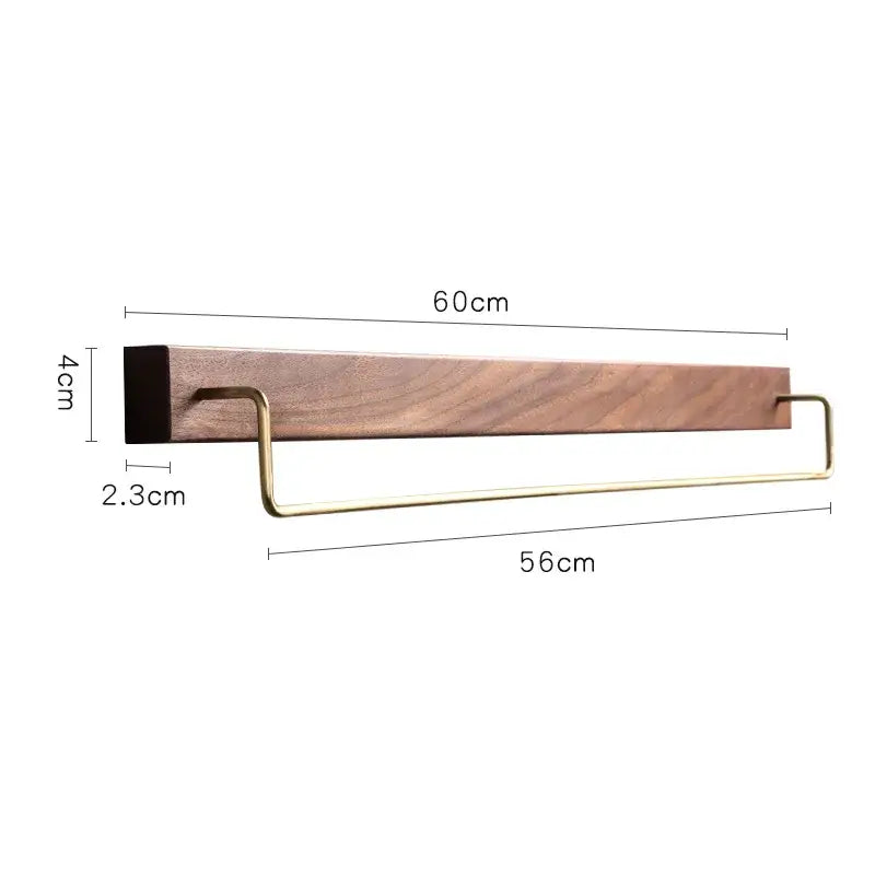 Minimalist 60cm black walnut wood towel rack with brass accents and sleek design for bathroom use