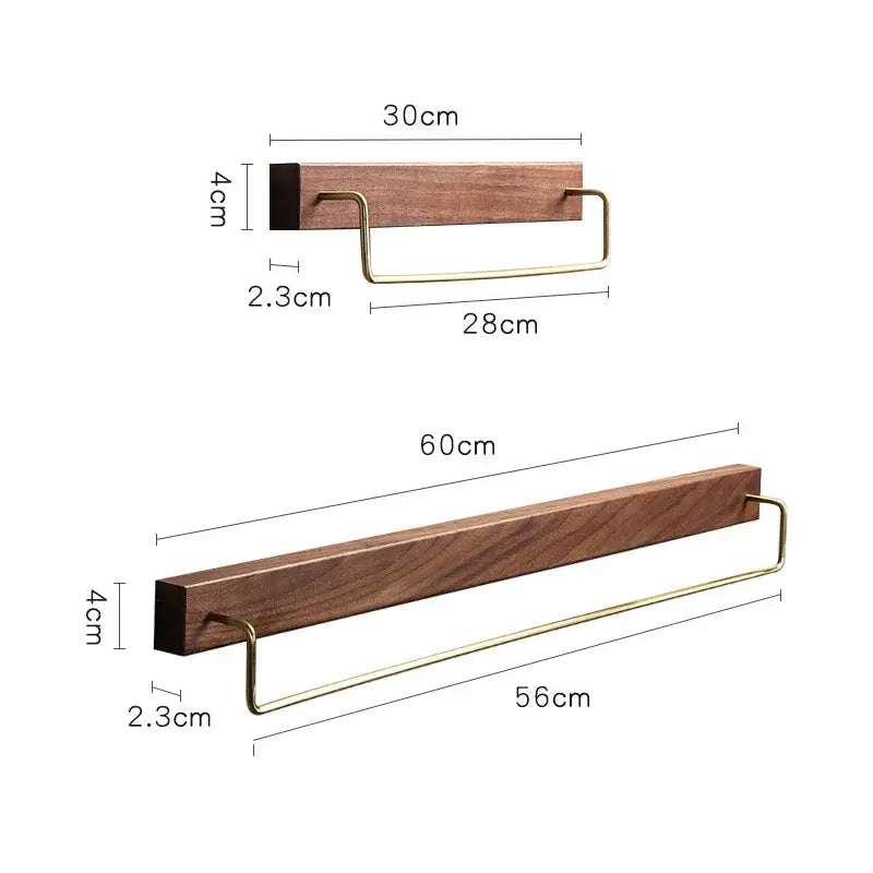 A sleek black walnut wood towel rack with brass loop accents available in 30cm and 60cm lengths for bathroom use