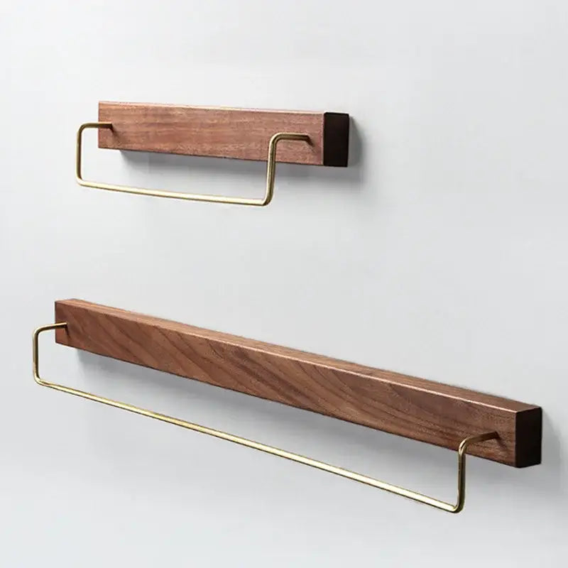 Minimalist black walnut wood towel rack with brass metal hooks and dark wood finish for bathroom use 2 pack