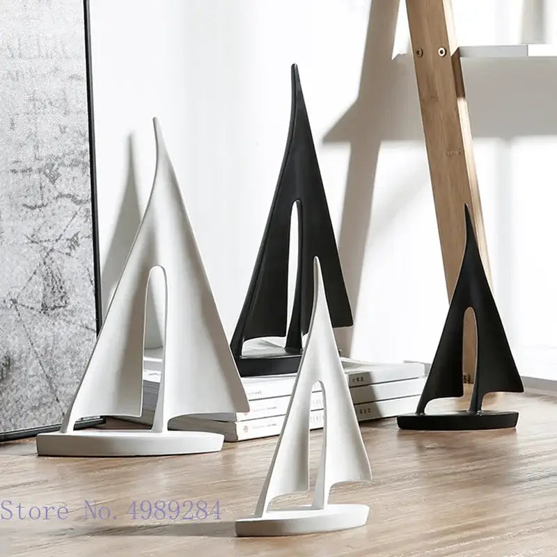 Minimalist black and white abstract resin sailboat sculptures with sleek modern design for living room decorbites decor