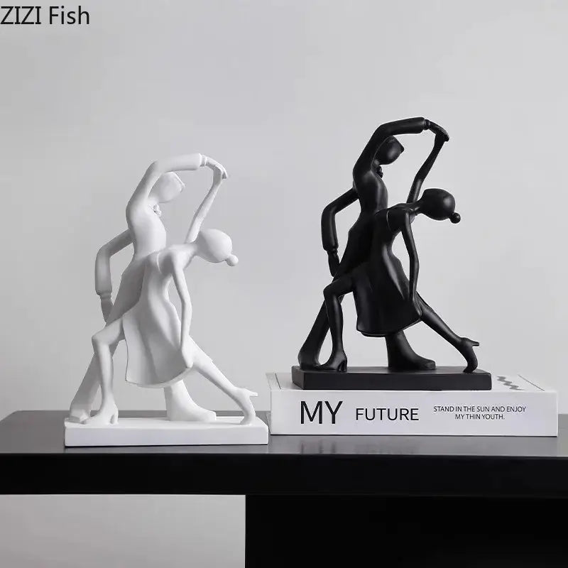 Minimalist black and white abstract resin sculpture by decorbites featuring two sleek dance figurines for living room decor