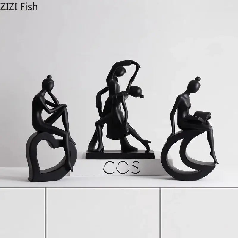 Set of three sleek black resin abstract resin sculptures by decorbites for minimalist living room decor